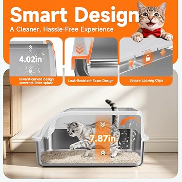 Stainless Steel High-Sided Cat Litter Box with Scoop - Medium