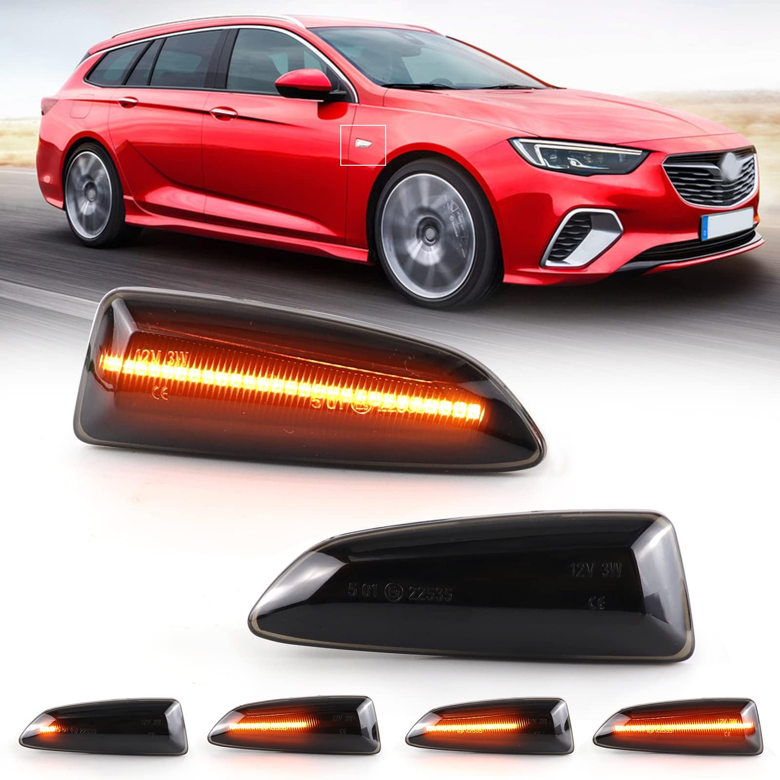 Sequential LED Side Marker Lights For Opel Astra J K Crossland X Grandland X Insignia B Holden Commodore Zafira C Buick Regal, Smoked Lens Fender Bumper Turn Signal Indicator Lamps Replacement