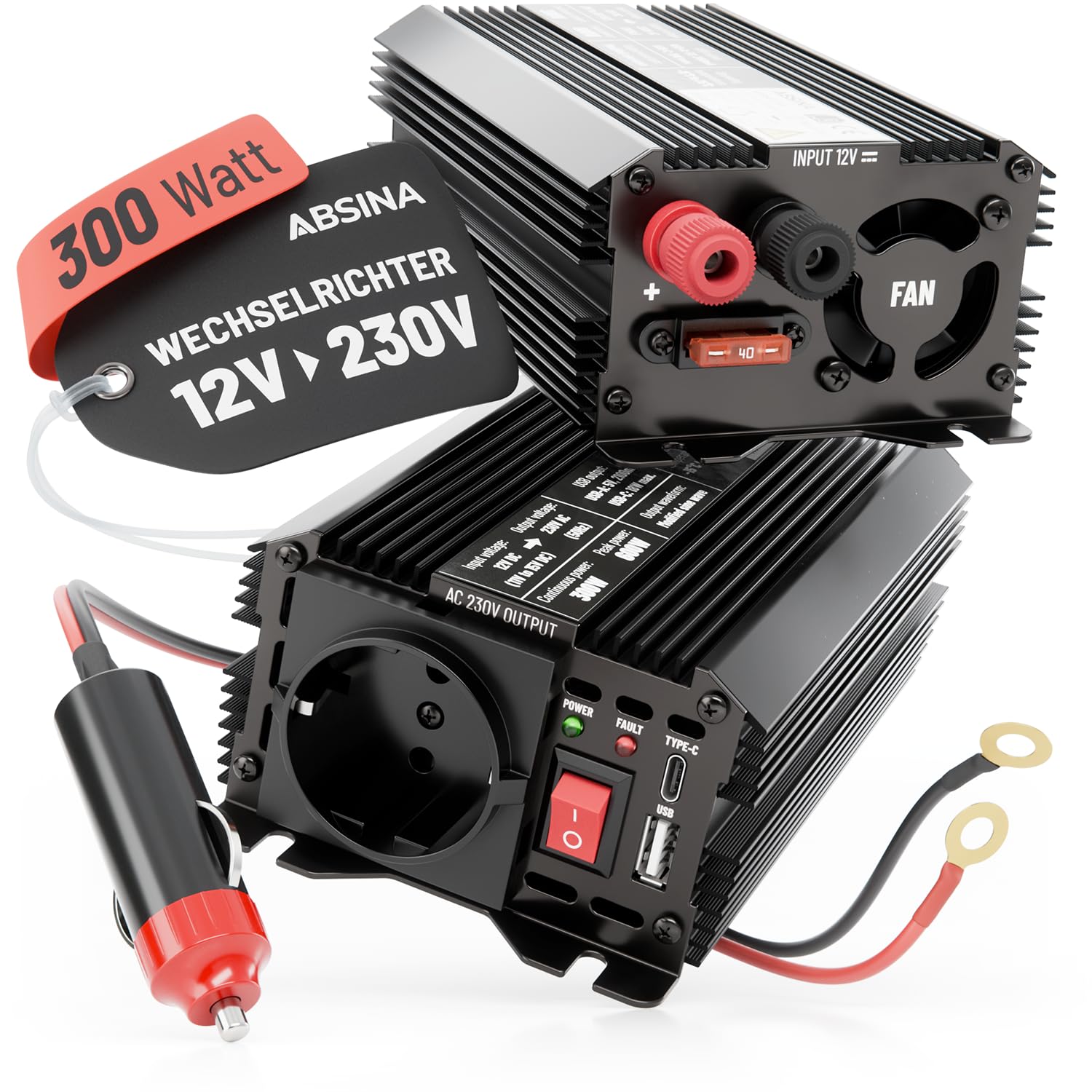 ABSINA Przetwornica napięcia 12 V na 230 V, 2 sztuki w opakowaniu - zmodyfikowany falownik sinusoidalny 12 V na 230 V - inwerter 300 W o mocy szczytowej 600 W