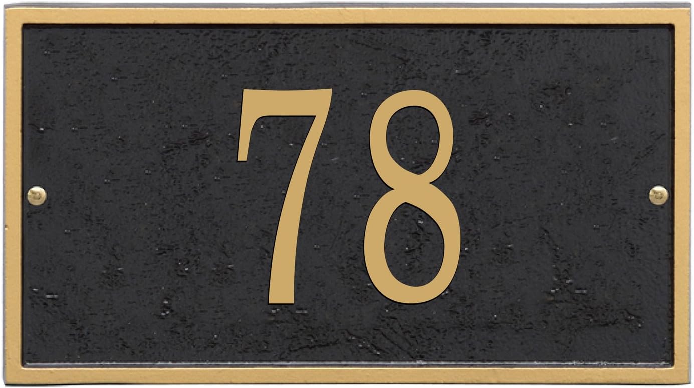 Whitehall Personalized Cast Metal Address Plaque - USA Made Custom House Number Sign - Rectangle (11" x 6.25") - Black with Gold Numbers