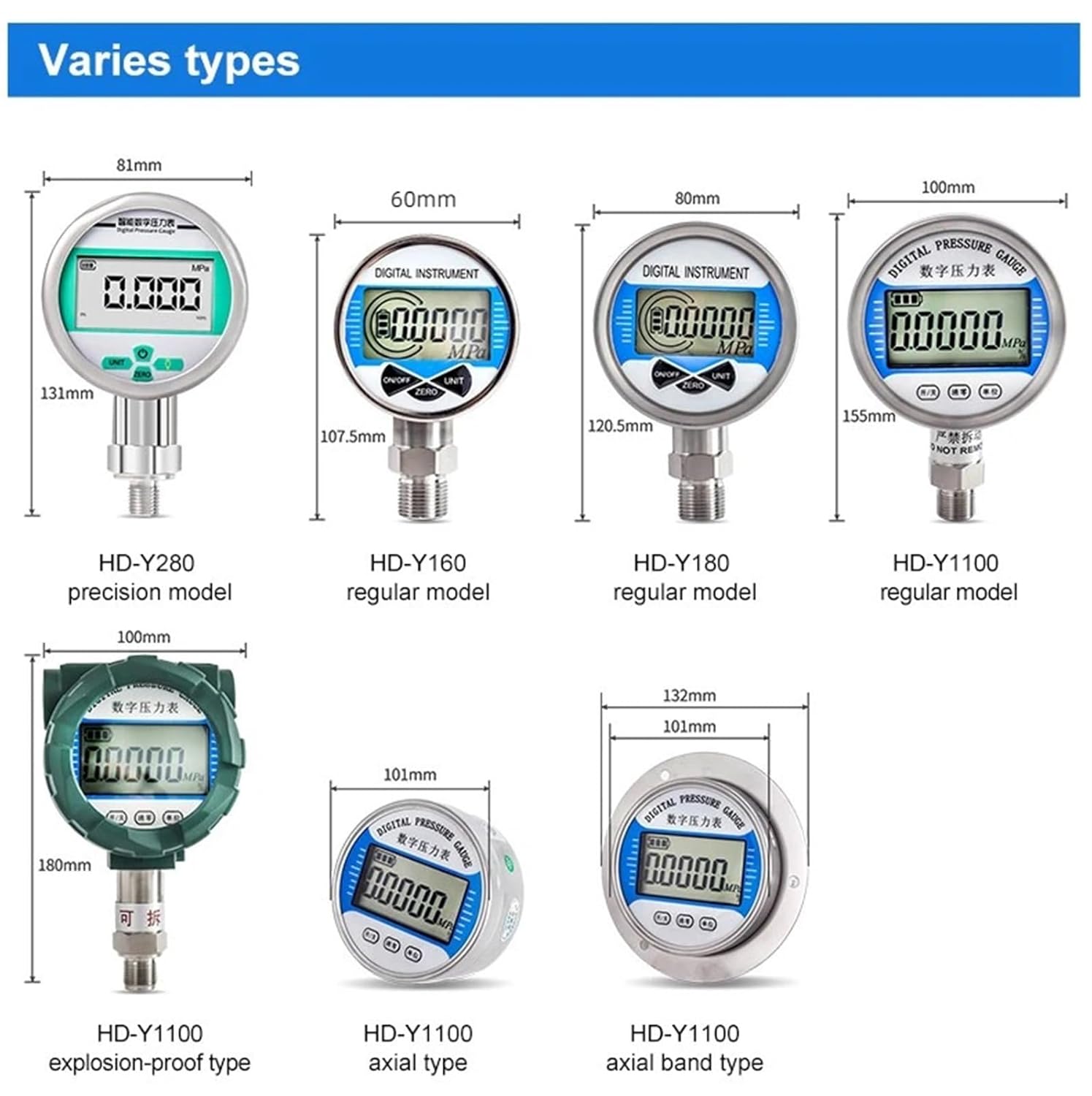 1PCS Battery Powered Stainless Steel Intelligent Digital Display Pressure Gauge High-Precision Water Air Vacuum Pressure Meter(0.5FS-80mm,0-60Mpa)