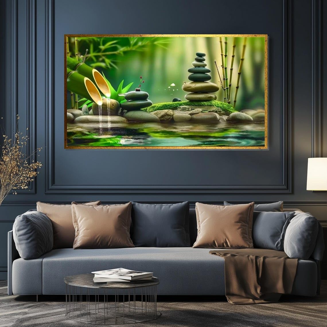 TONGYINLI Grande toile peinte sur jardin zen, affiches de pierres de bambou, tableaux de galets, décoration murale, œuvre d'art nordique pour la maison (70 x 130 cm/sans cadre)