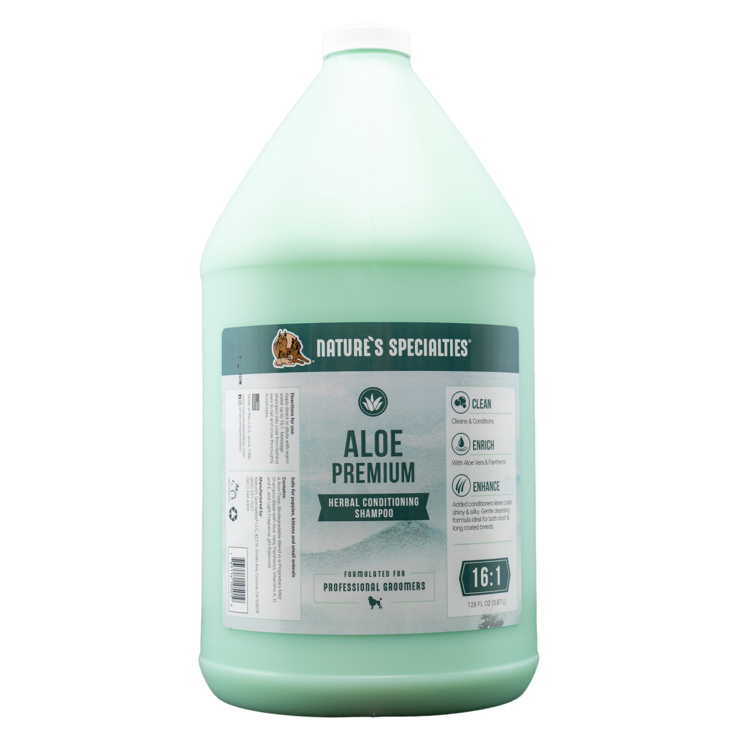 Nature's Specialties Aloe Premium Ultra Concentrated Dog Shampoo Conditioner for Pets, Makes up to 16 Gallons, Natural Choice for Professional Groomers, Herbal Aloe Infused Formula, Made in USA, 1 gal