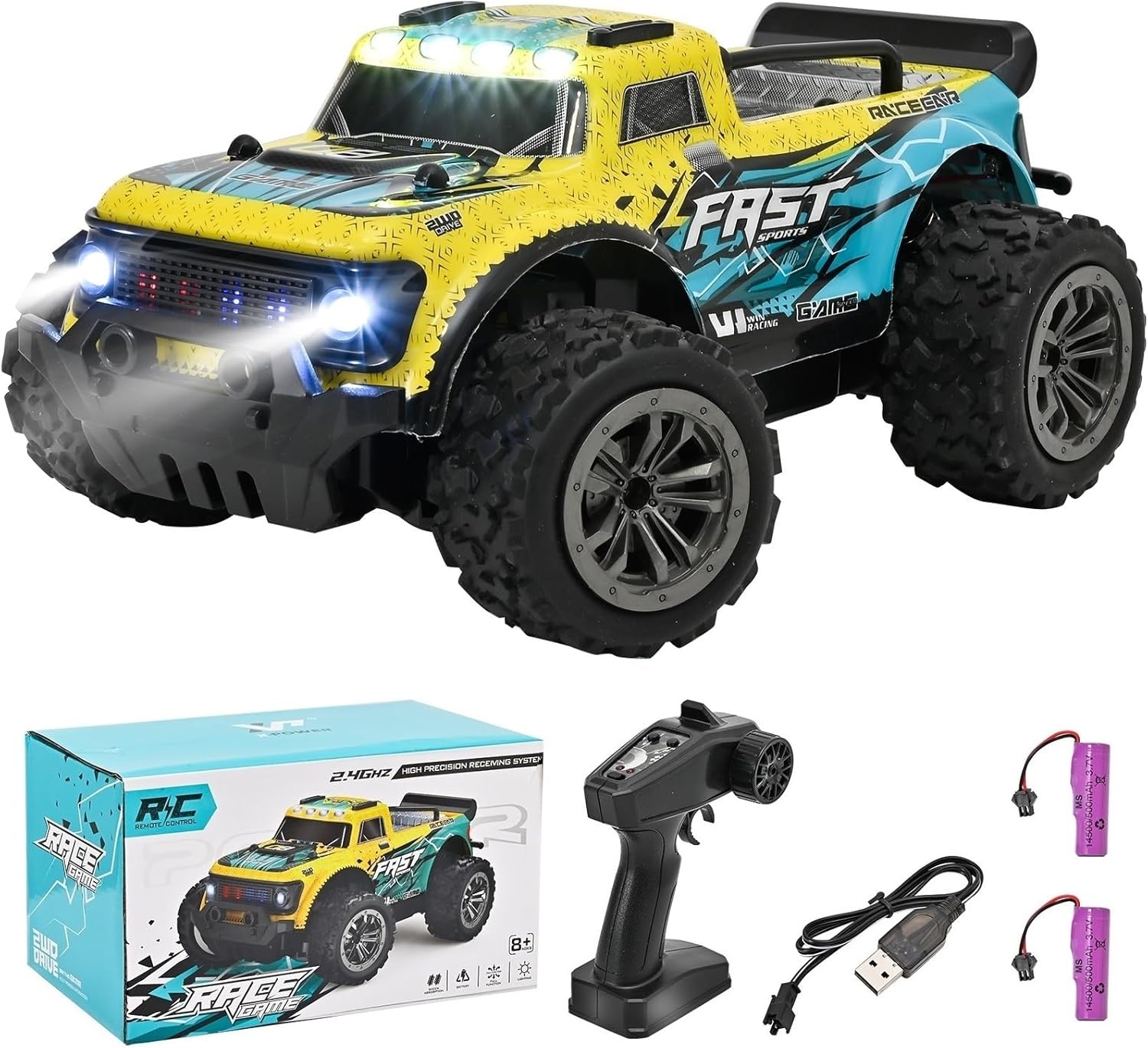 XDR RC Car Toy - 1:18 Off Road Truck Hobby Remote Control Car for Boys Age 8-12 and Adults, All Terrain High Speed RC Truck with Headlight, 2 Rechargeable Batteries, Toy Gift for Children