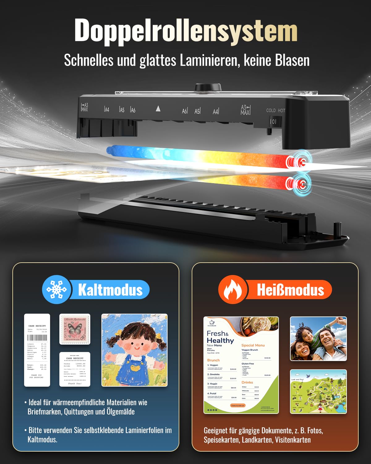 Laminiergerät A3 für A3 A4 A5 A6 A7 mit Papierschneider Eckrunde Laminierfolien 15pcs, ABS-Anti-Stau NTC-Steuerung Skalenlinie Heiß Kalt 90s Vorheizzeit Laminiermaschinen für Lehrkräfte Zuhause Büro