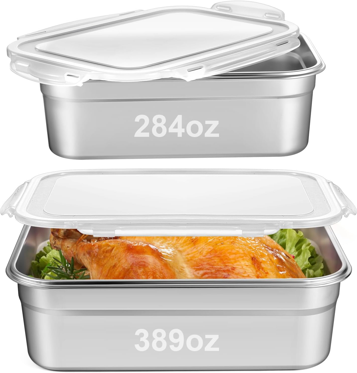 2pcs Large Stainless Steel Marinating Containers with Lids, Food Storage Containers for Refrigerator, Leak-proof & Stackable for Meal Prep,Turkey, Meat, Bacon (389oz/11.5l + 284oz/8.4l)