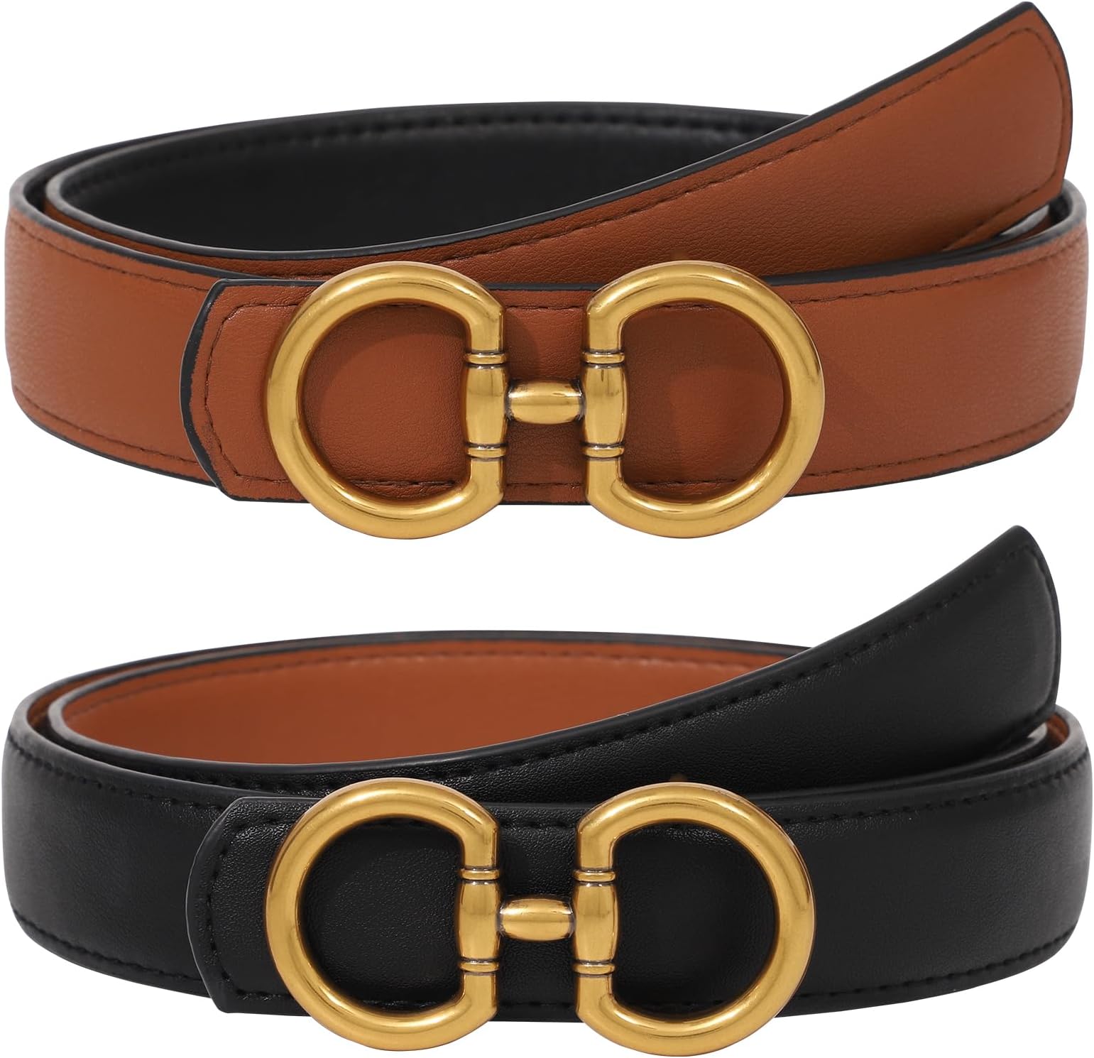 Reversible Belt for Women - Two-in-One Women Fashion Leather Belt for Jeans with Golden Buckle