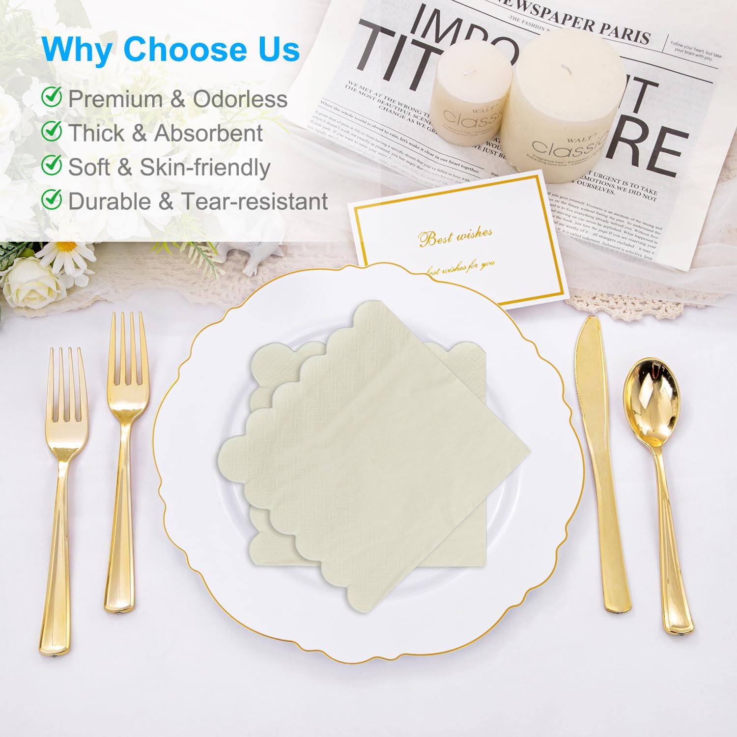 Cocktail Napkins, Disposable Scalloped Napkins, 2-Ply Folded 4.72 x 4.72 Inches, for Bar, Party, Wedding, Birthday, Reception, Dinner, Restaurant (25, Milky-White) image 5