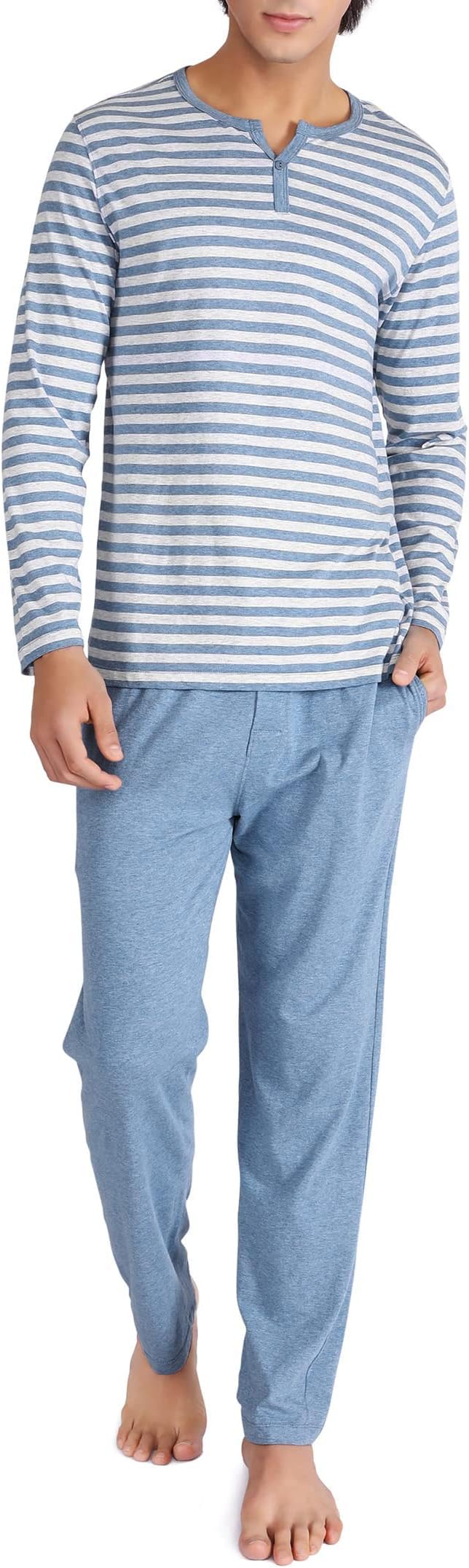 DAVID ARCHY Men's Cotton PJs Heather Striped Sleepwear Lounge Wear Top & Bottom Pajama Set