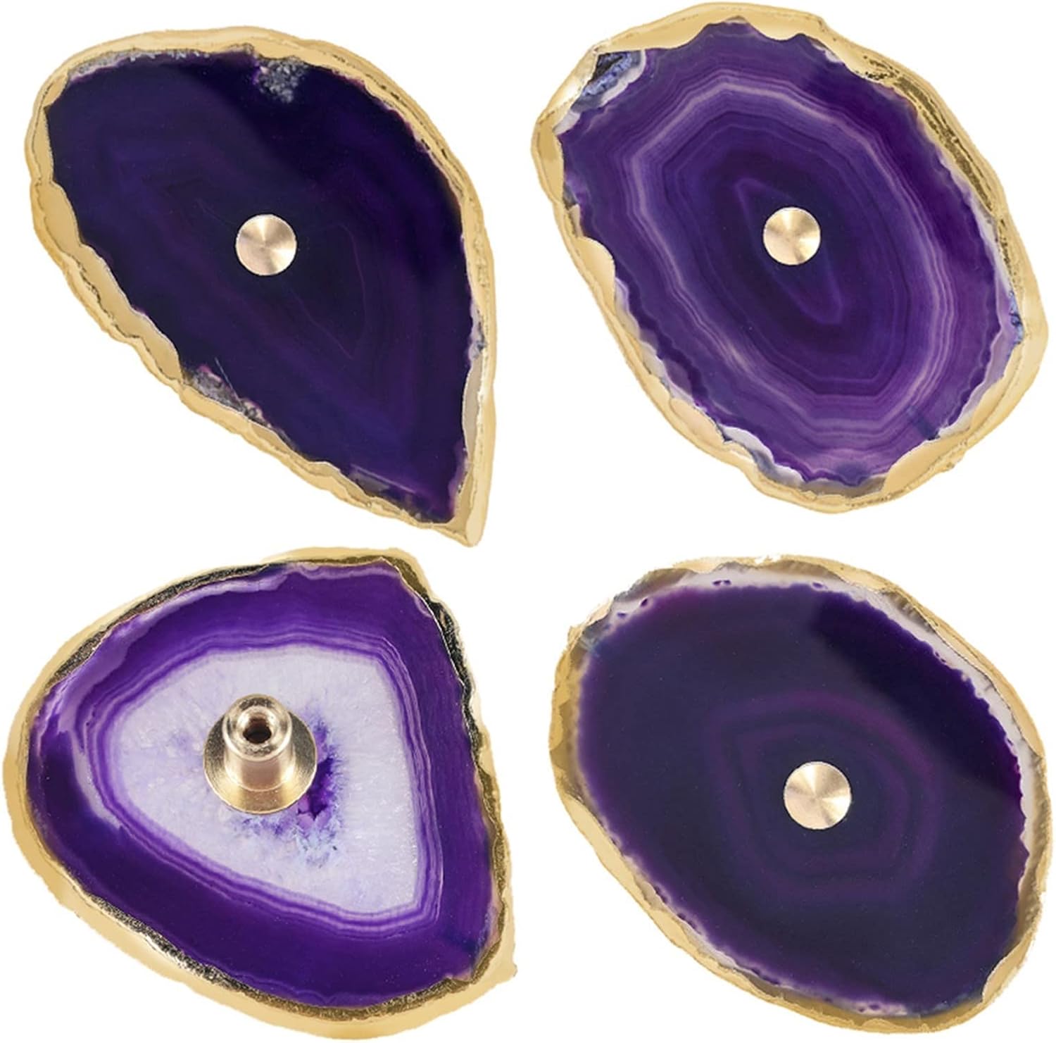 TUMBEELLUWA 4pcs Irregular Agate Slice Cabinet Knobs with Screws, Gold Plated Edge Cupboard Stone Pulls and Handles for Furniture Decor, Grey