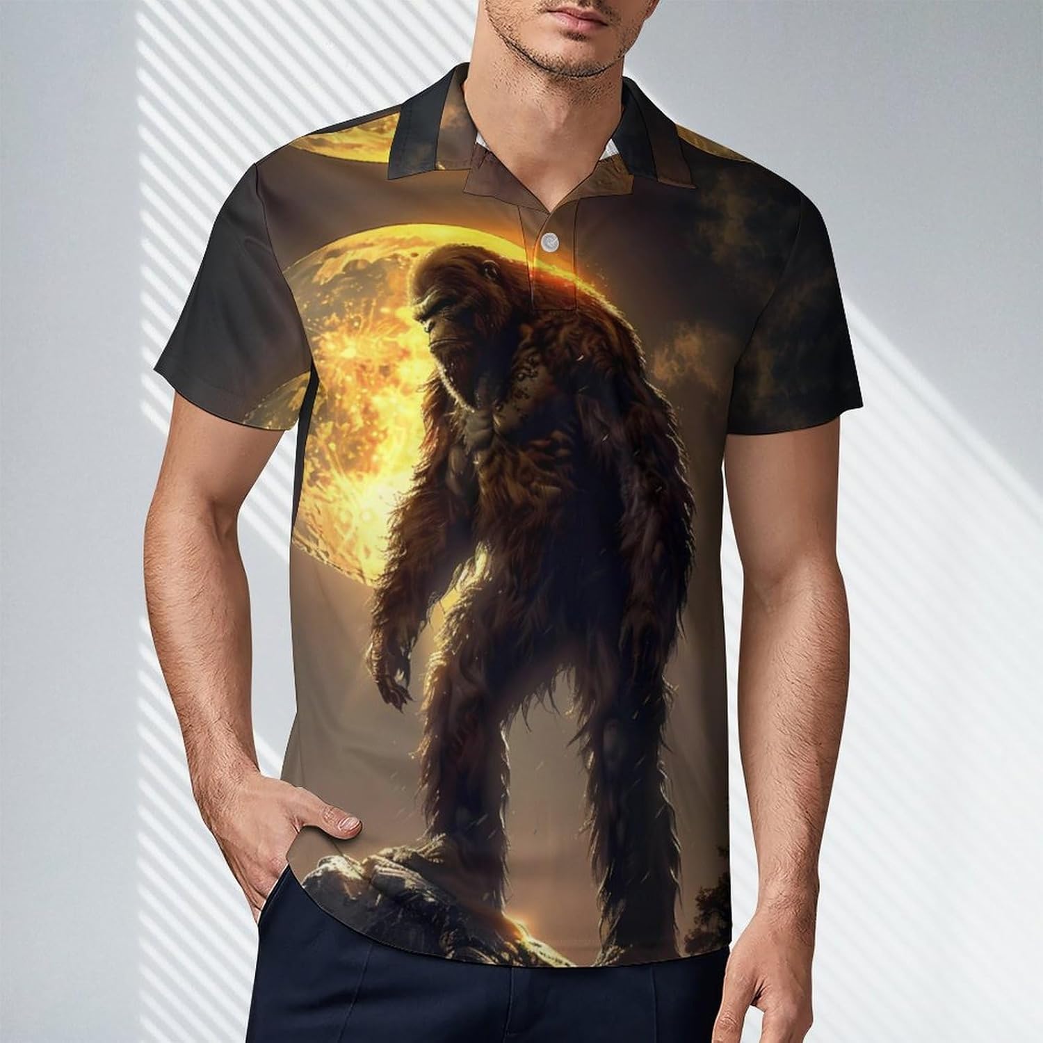 Bigfoot Moon Sasquatch Novelty Men's Short Sleeve Shirt Golf Tennis Shirts Work T-Shirt Sport Tee