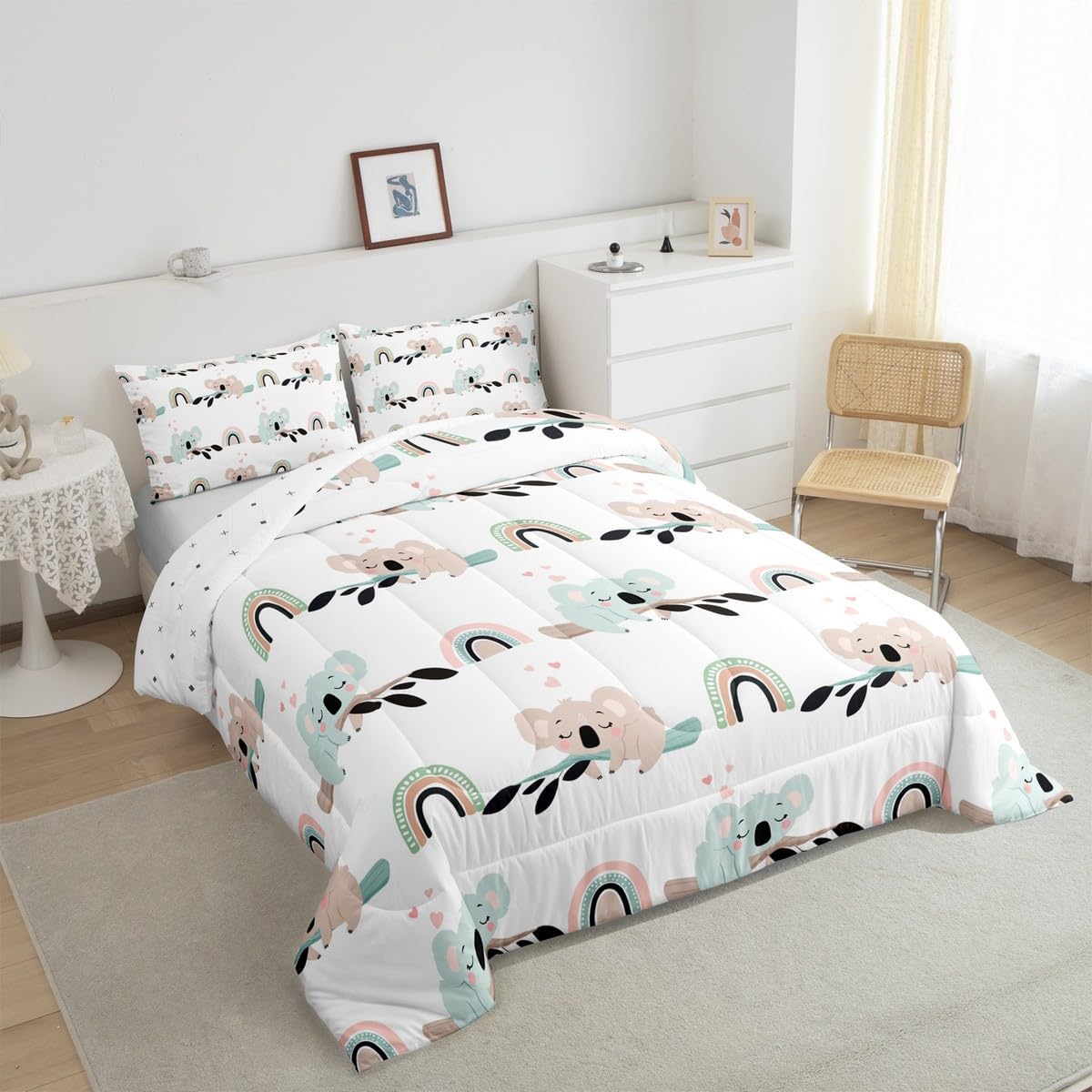 Homewish Cute Koala Comforter Set Queen Size,Kids Rainbow Bedding Set Cartoon Animals Quilt Set for Girls Boys Adult Bedroom Decor,Watercolor Pink Blue White Soft Duvet Insert,2 Pillowcases