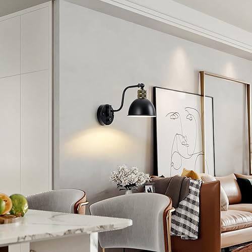 Miniatura 9 de Juego de 2 apliques de pared enchufables con brazo oscilante con interruptor regulable, estilo granja 2 en 1, aplique de pared con cableado, lámpara