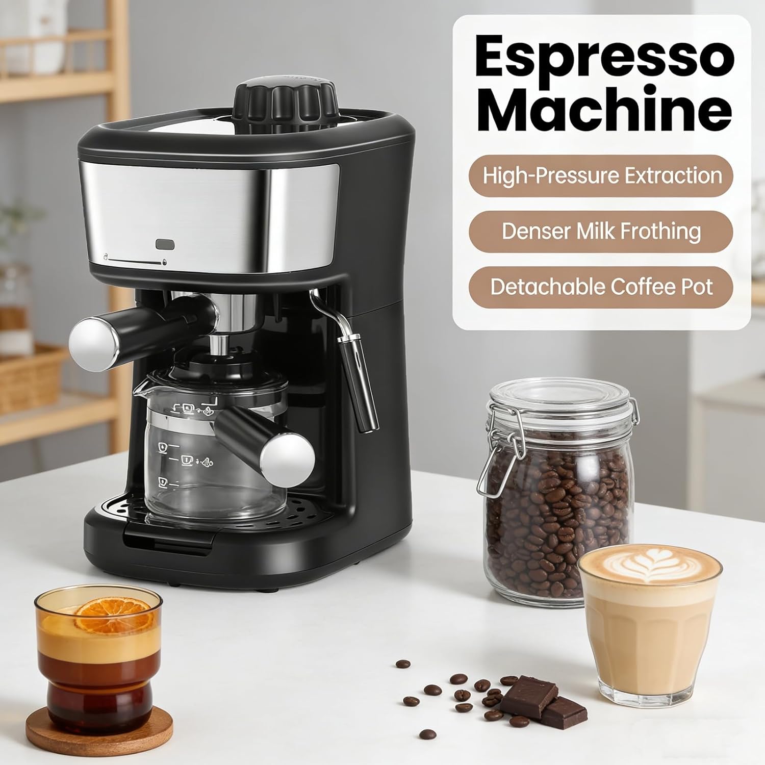 Semi-Auto Espresso Machine with Milk Frother & Coffee Maker, 900W 3.5 Bar Pump, Auto Pressure Relief, Removable Drip Tray, Coffee Machine for Latte Cappuccino