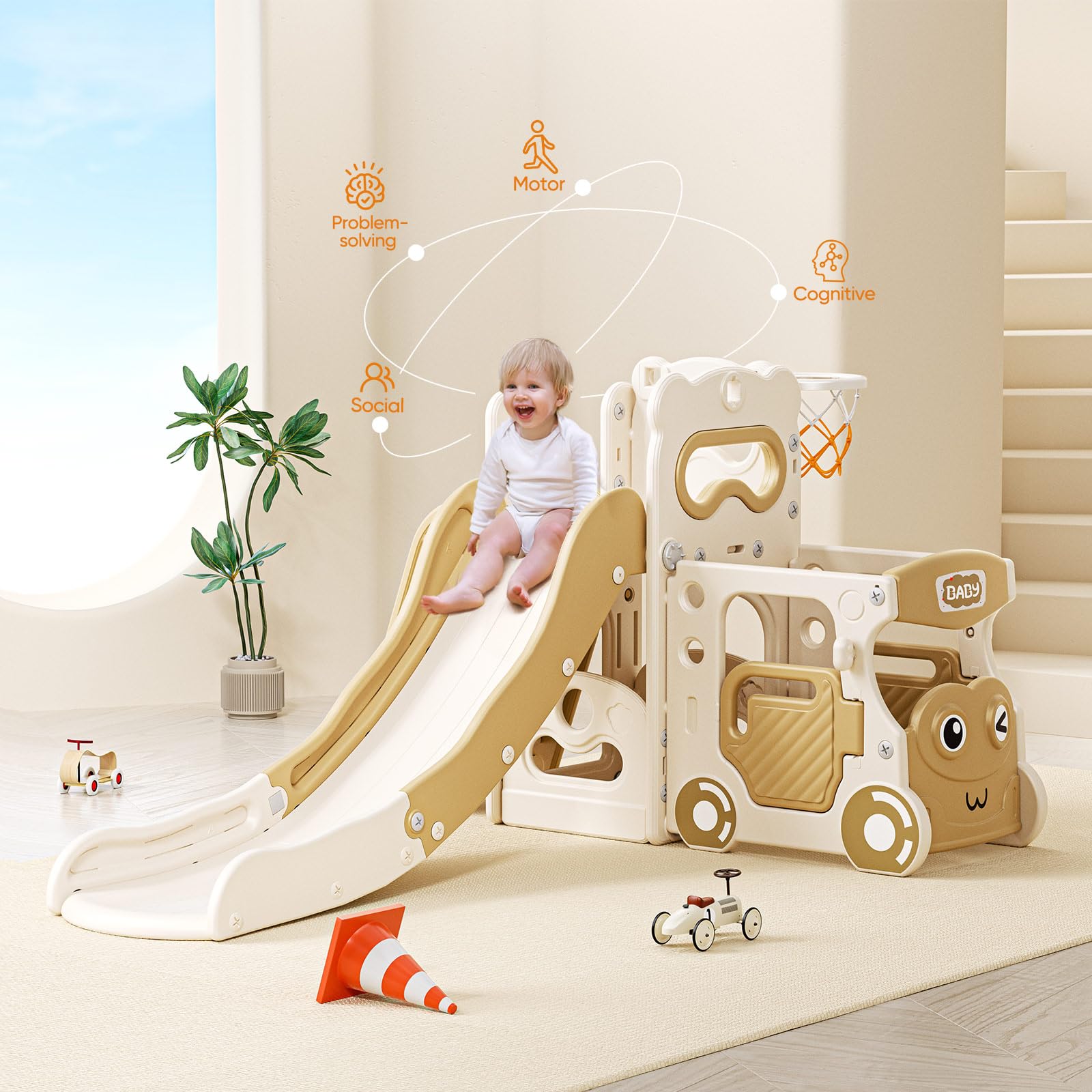 Toboggan pour tout-petits 5 en 1 toboggan autoportant pour enfant avec panier de basket, télescope, 178x70x86cm, jaune | Leroy Merlin