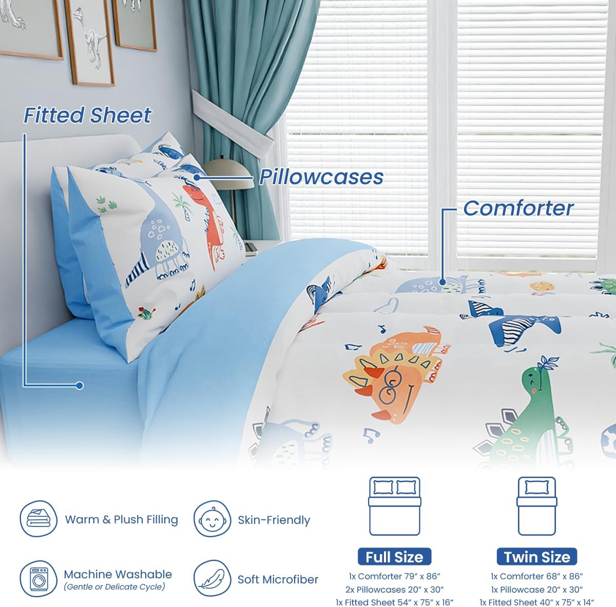 SANDJEST Dinosaurs Bedding Twin Set for Boys Kids Children, Ultra Soft Microfiber Comforter Set with 3-Pieces, Comforters Bed Sets Bedroom Decor - Image 6