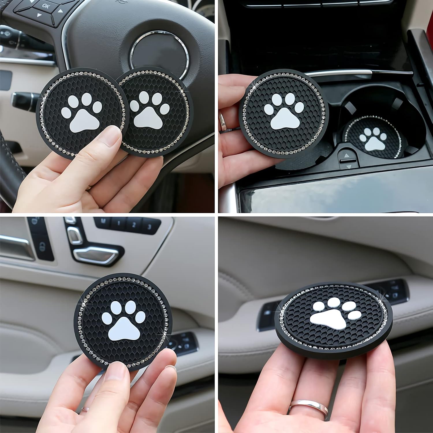 SoSickWithIt, Car Coasters Anti Slip Car Cup Holder - 2.75 inch Universal Bling Dog Paw Car Coasters for Cup Holders Cute Car Accessories 2PCS (Black)