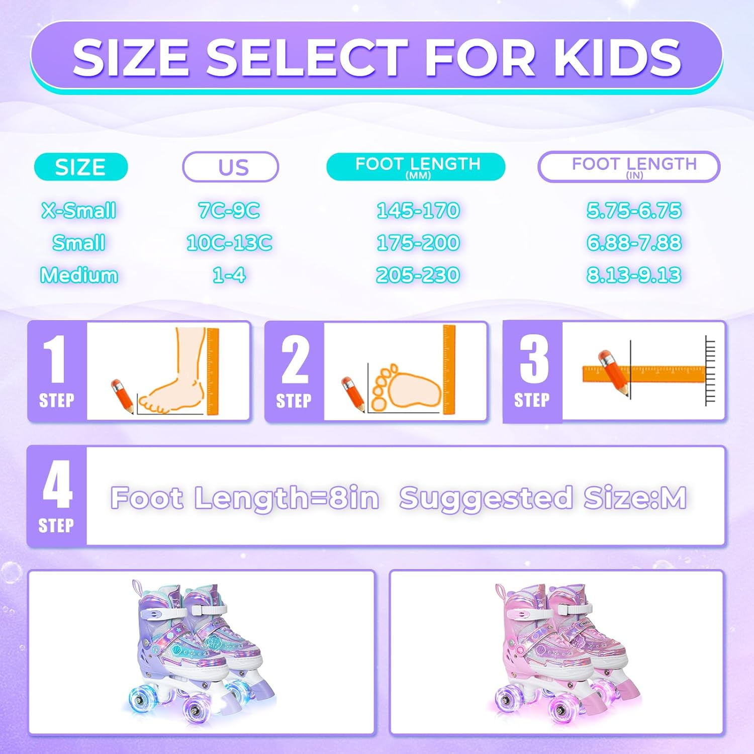 MammyGol Roller Skates for Girls Kids Boys, 4 Sizes Adjustable Quad Toddler Skates Indoor Outdoor Ages 3-8, Pink Blue Purple Green
