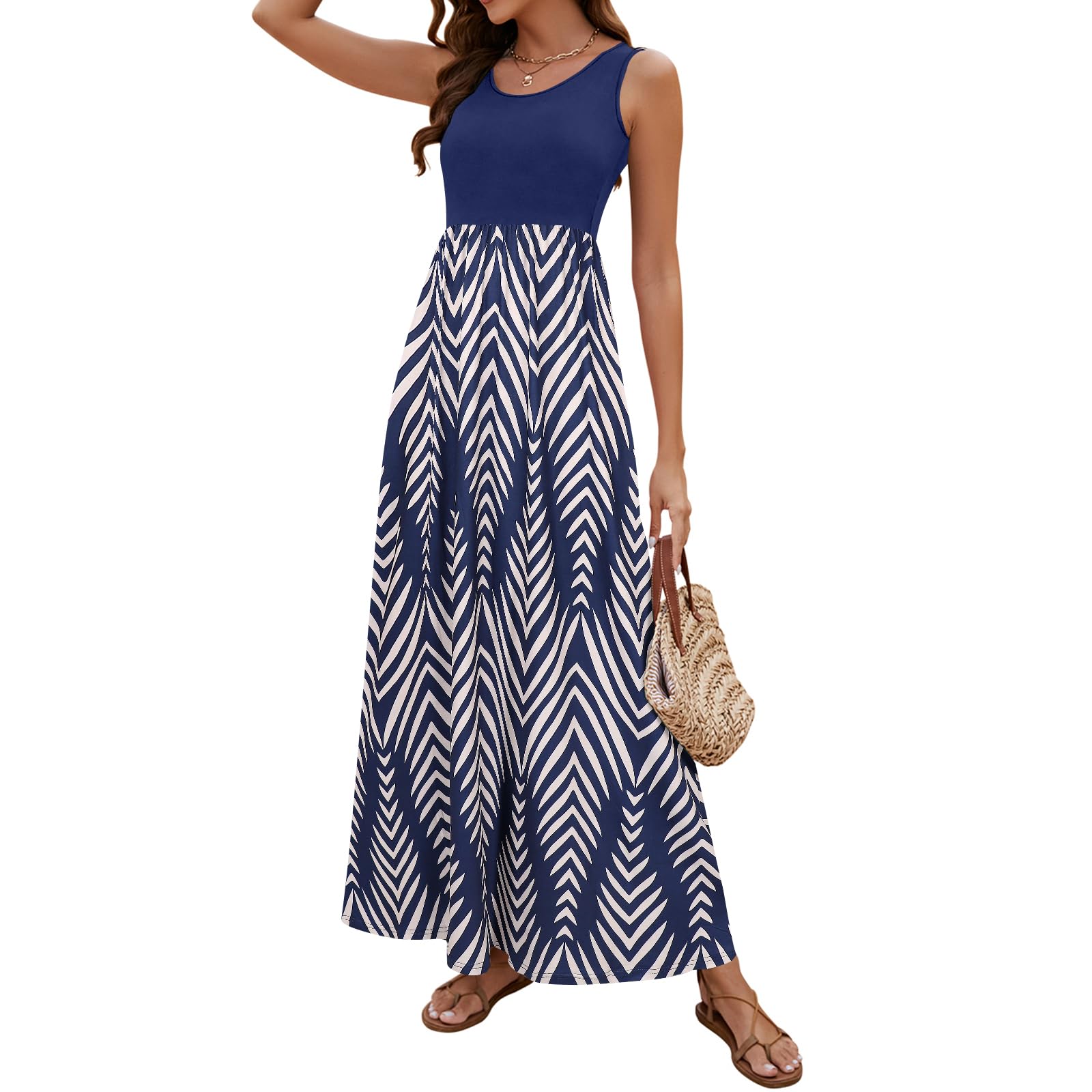 Sherosa Women Boho Chevron Striped Floral Printed Summer Sleeveless Tank Long Maxi Party Dress