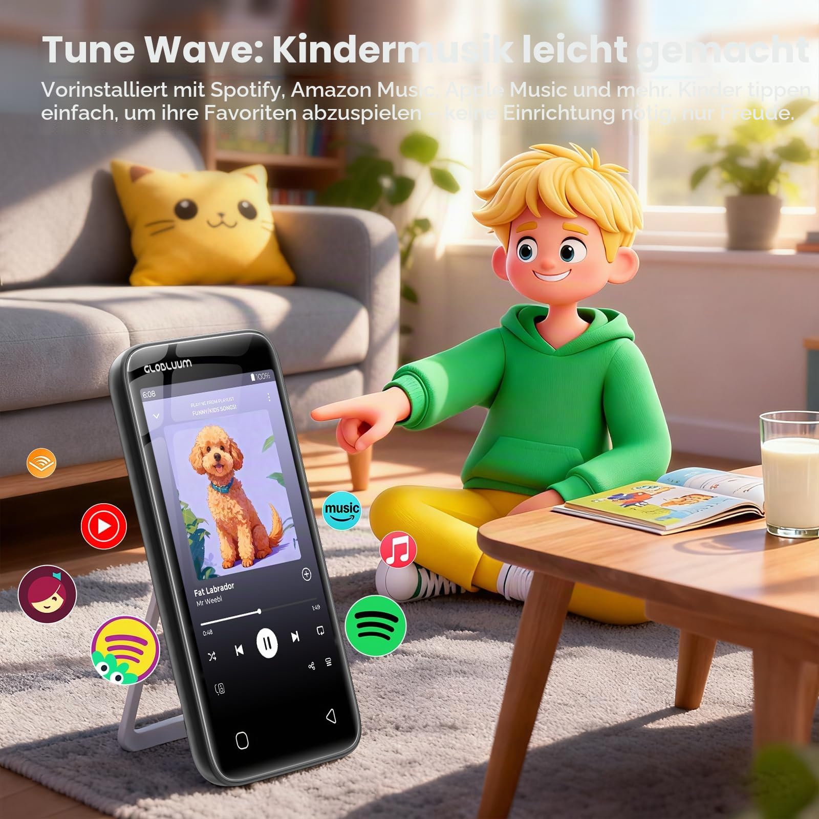 MP3-Player für Kinder, Kindersicherung, 16 GB, unterstützt Spotify und Audible, Bluetooth und WLAN (glänzendes Schwarz)
