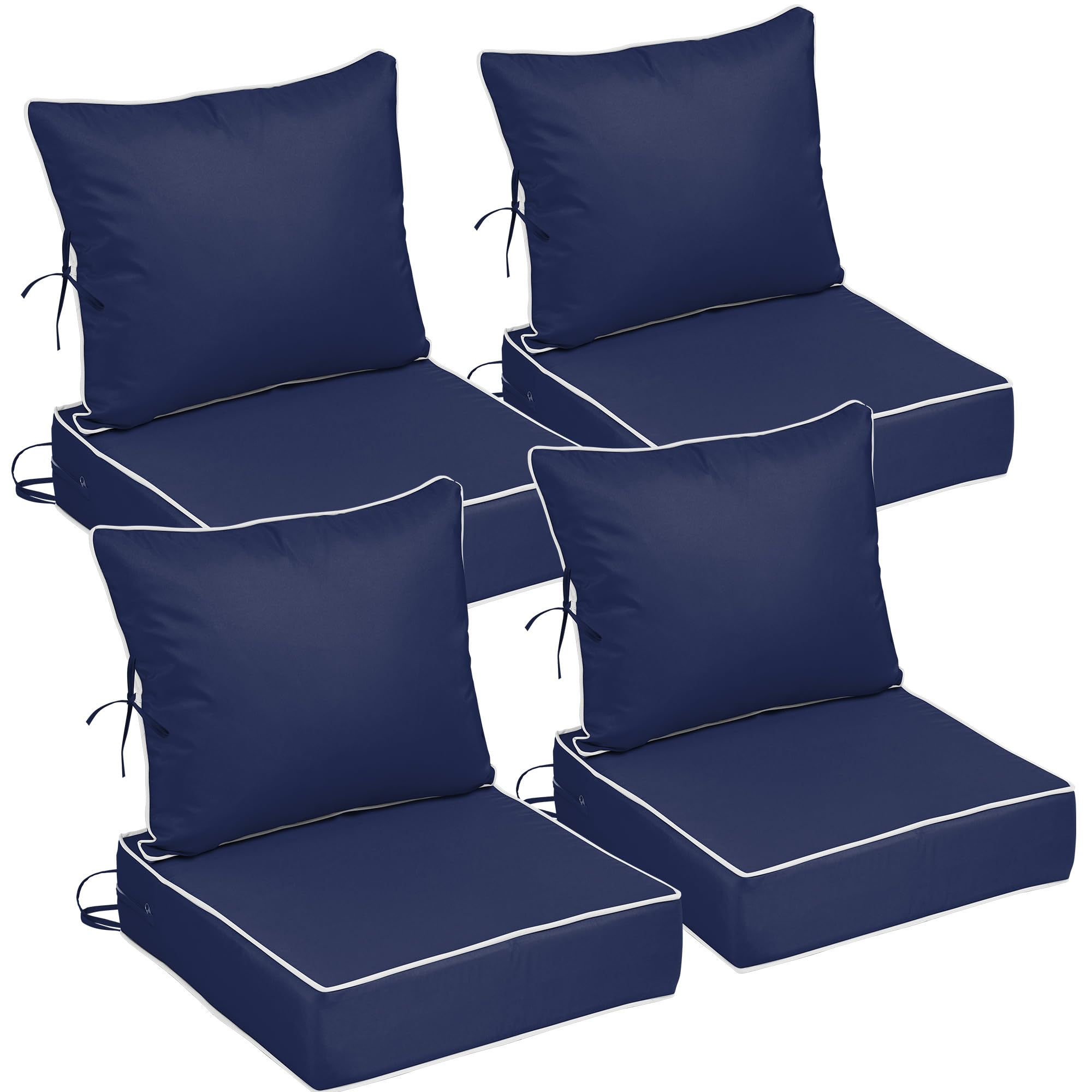 24x24 Outdoor Chair Cushions Set of 4, Waterproof Deep Seat Cushions for Patio Furniture with Removable Cover, Fade Resistant 4'' Outdoor Seat Cushion w/ Ties &amp; Handle for Sofa Loveseat,Navy+Piping