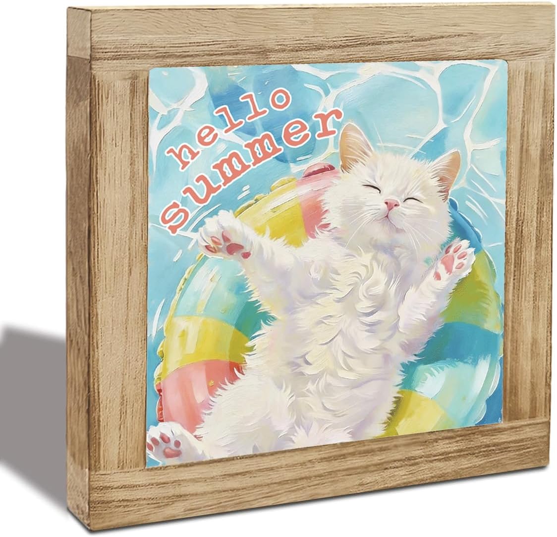 Cat Wooden Box Sign Hello Summer Cute Kitten Pool Float Tiered Tray Tabletop Decor for Home Desk Shelf Pet Lover Coastal Summer Decoration Gift