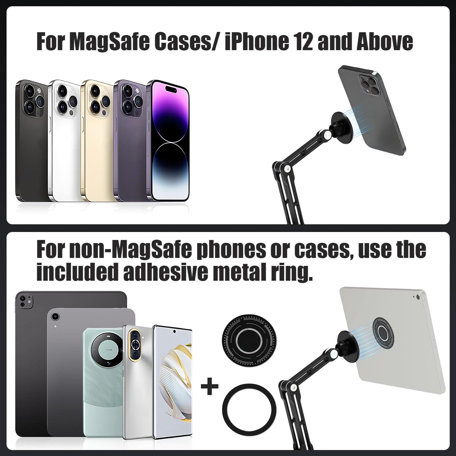 Magnetischer Tablet Halterung Ständer für MagSafe, Aluminium 360° Drehbarer Tisch iPad Halter mit drehbarem Arm für iPhone/Android/iPad/E-Reader