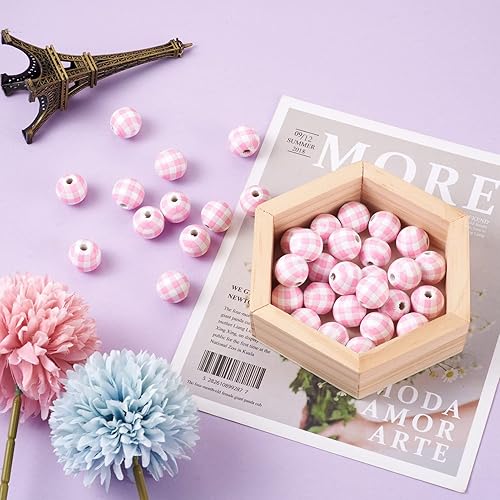Miniatura 5 de Pandahall - 50 cuentas de madera con estampado de búfalo a cuadros, color rosa y blanco, cuentas redondas de madera para manualidades, guirnalda de