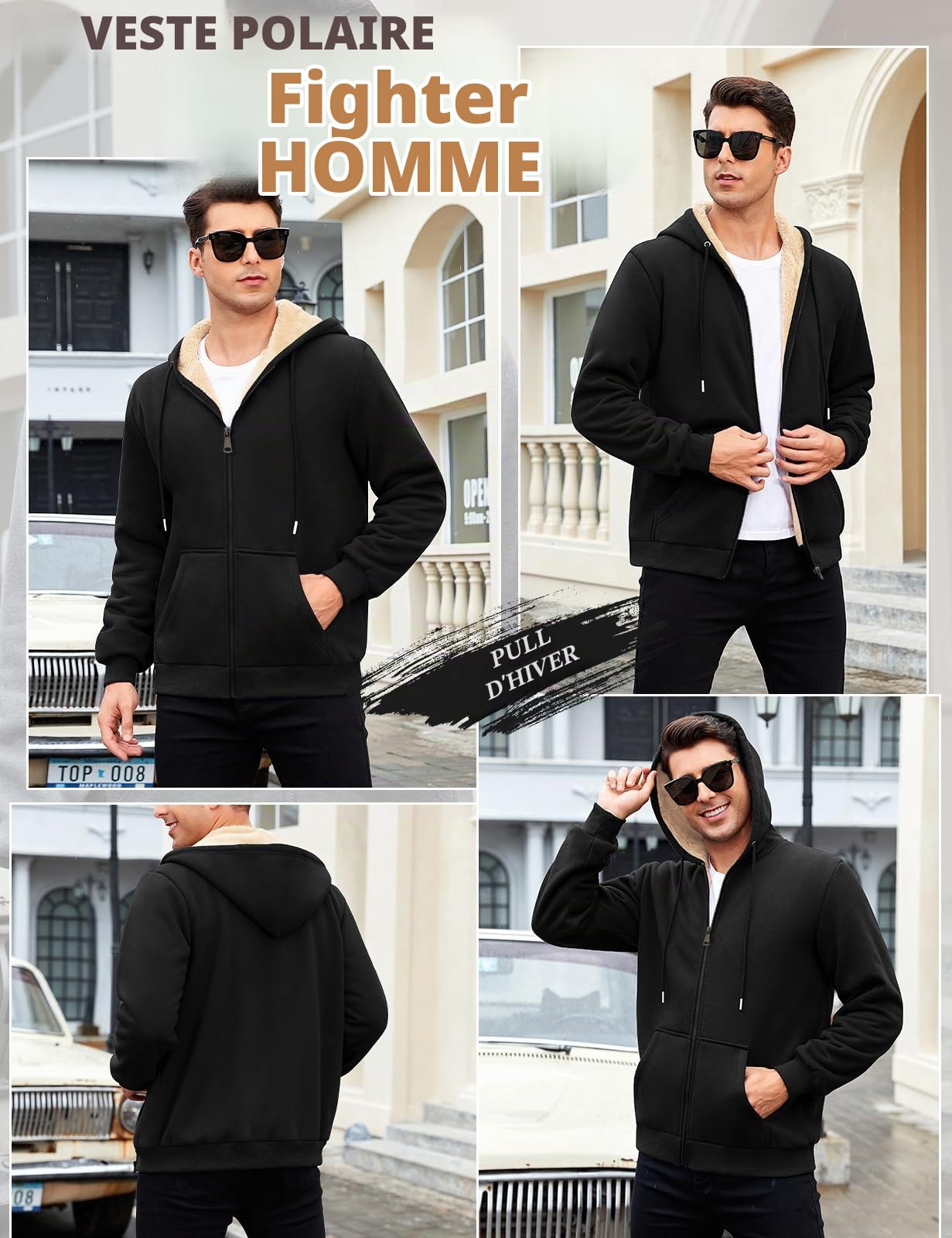 TOMEEK Sweat Homme Polaire Sweat à Capuche Veste Hiver Chaud avec Zippée Thermique Sherpa Manteaux avec Poches Manches Longues Zippé Blouson Casual Travail Sport