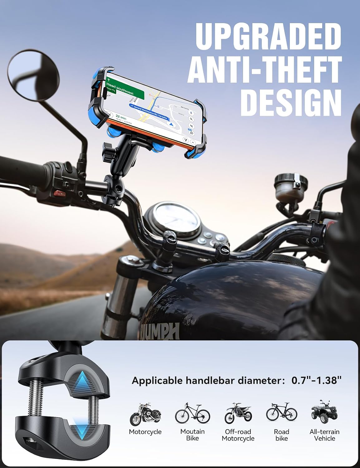 JOYROOM Motorcycle Phone Mount Holder - [Dual Vibration Dampener] 100mph Anti-Shock Phone Holder for Motorcycle [Metal Adjustment Arm] Bicycle Bike Phone Holder Mount for 4.7-7" Cell Phones, Blue