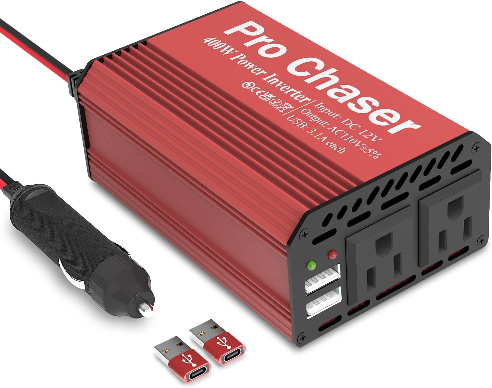 - Pro Chaser 400W Car Power Inverter 12V DC to 110V AC Car Truck RV Inverter 6.2A Dual USB Charging Ports for Road Trips (Type C Adaptors Included) (Red)