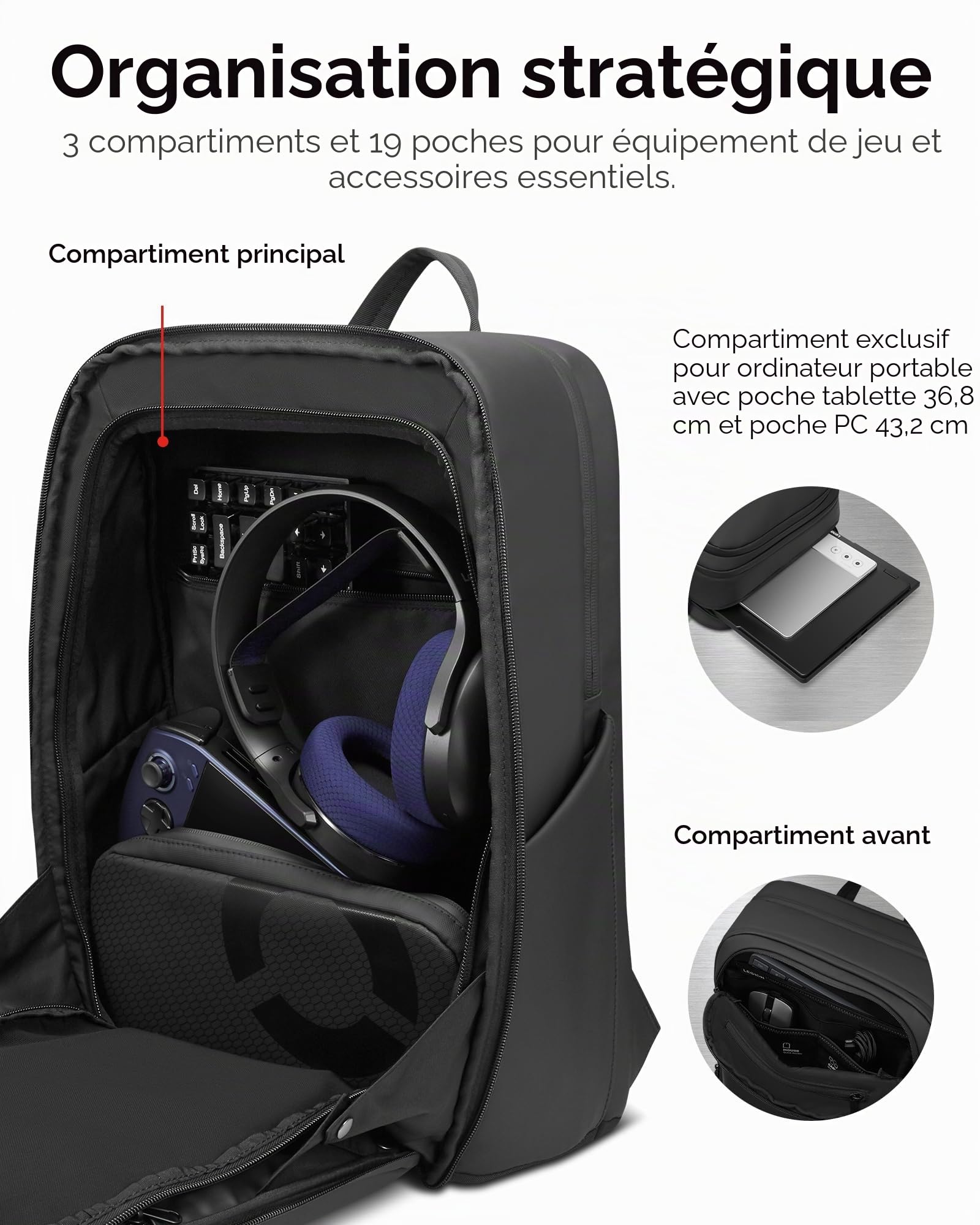 Lenovo - Sac à dos Gaming Legion 17" GB800 (étanche, capacité jusqu'à 21 litres, ouverture à 180°, poches pour ordinateur, tablette, bouteilles d'eau, sangles ergonomiques) - Couleur gris clair