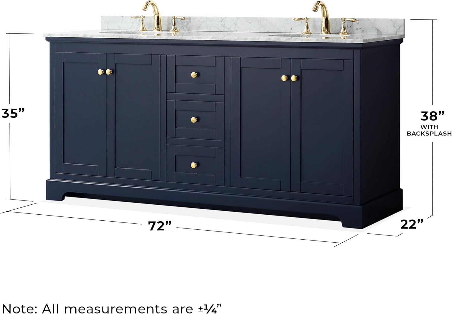 Wyndham Collection Avery 72 Inch Double Bathroom Vanity in Dark Blue, White Carrara Marble Countertop, Undermount Oval Sinks, and No Mirror