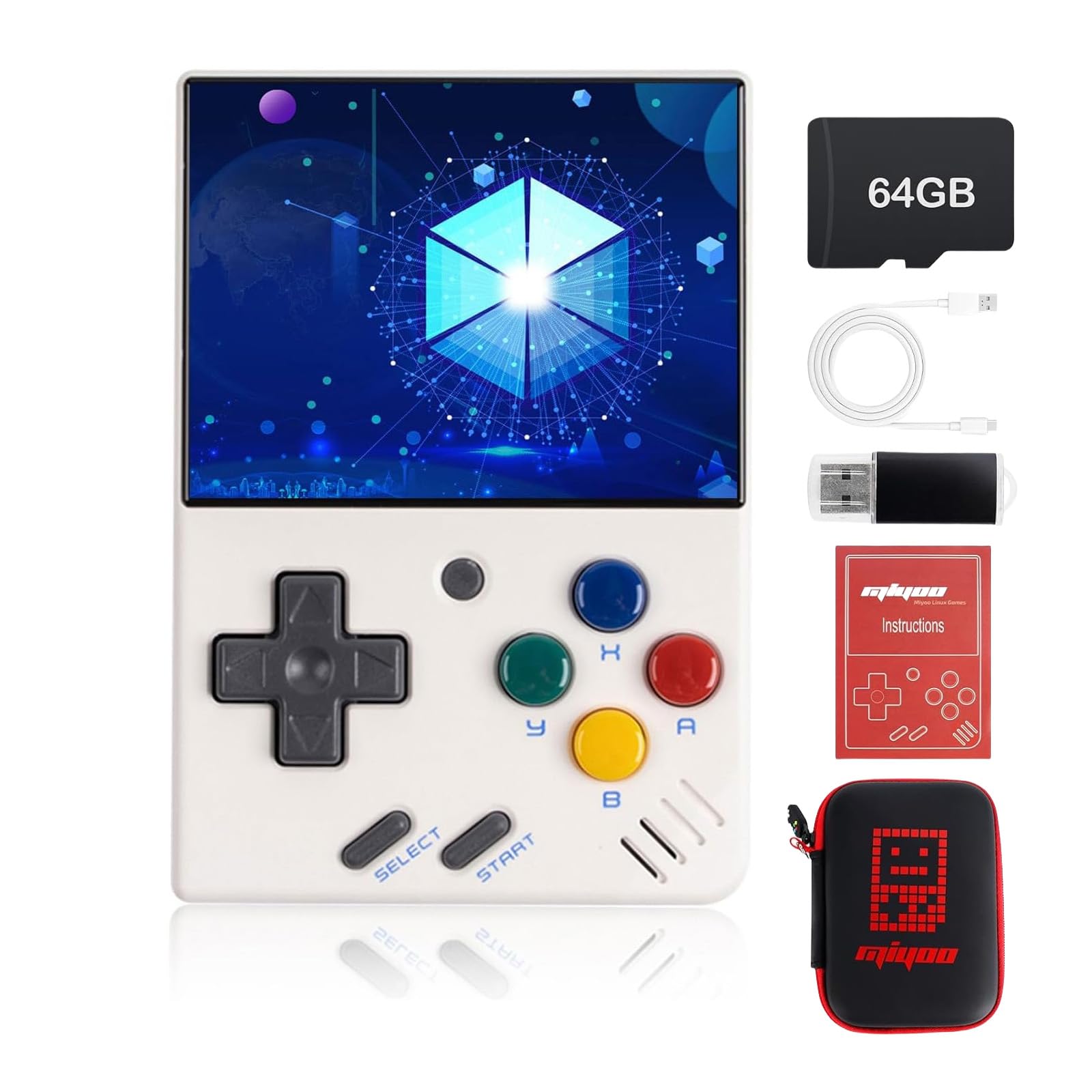 Miyoo Mini V4 Retro Game Console,2.8 Inch IPS Screen 640x480,Built-in 64GB TF Card,with 2000mAh Battery Classic Game Console,Support HD and TV Output Casual Game Console White