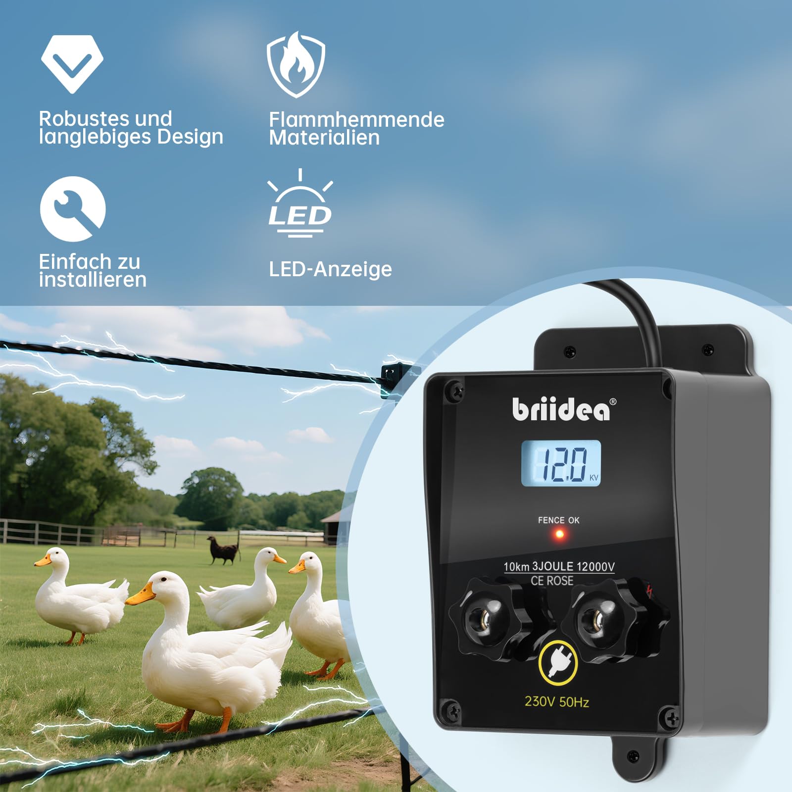 Briidea 12.000 V 3 Joule, caricatore elettrico per recinzione, portata 10 km, protezione sicura ed efficace degli animali da fattoria, giardino e pascolo