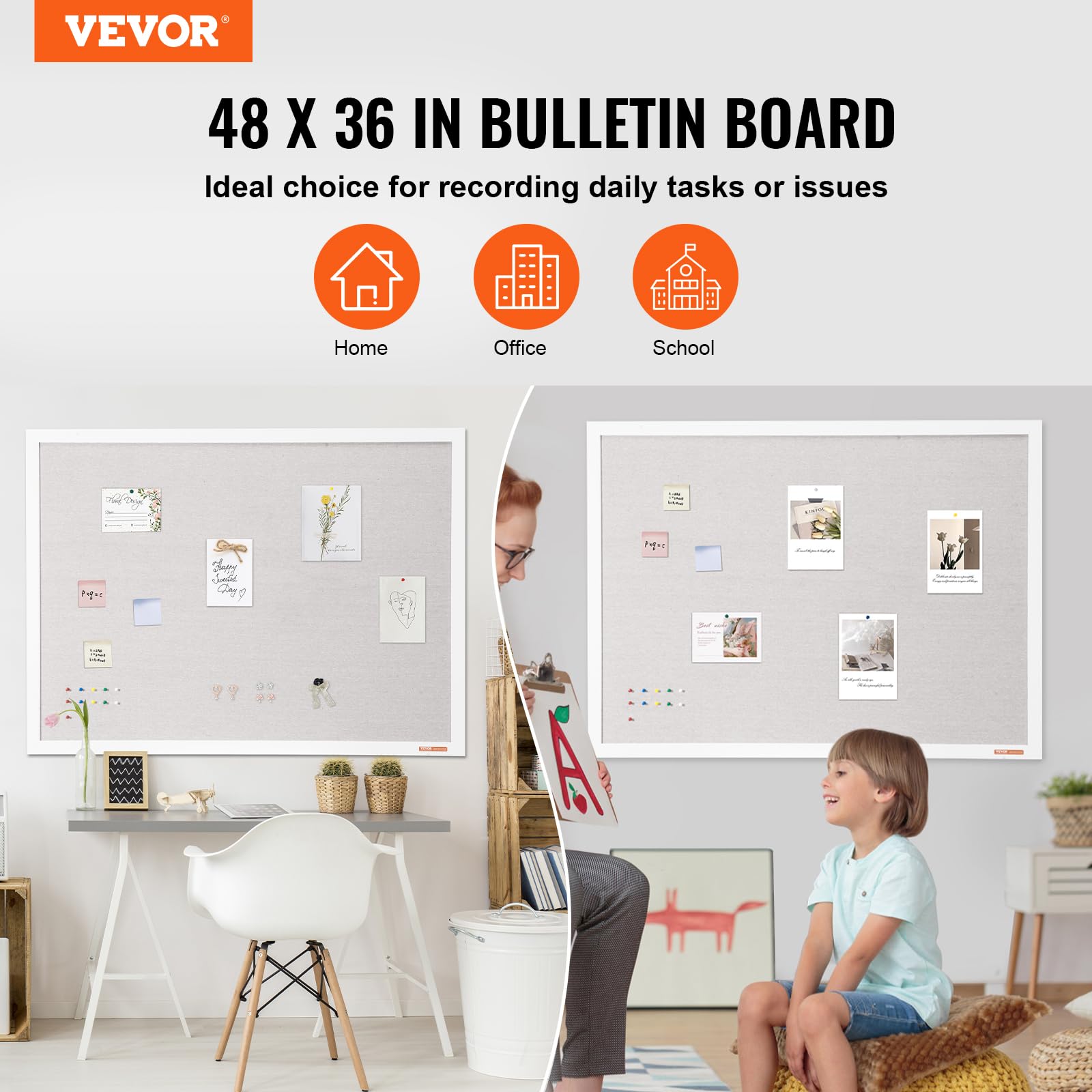 VEVOR Tablero de Corcho Blanco con Superficie de Lino 1200 x 900 mm Tablón de Anuncios de Pared con Marco de Madera Blanco Tablón de Anuncios Elegante y Funcional para Hogar, Escuela, Oficina