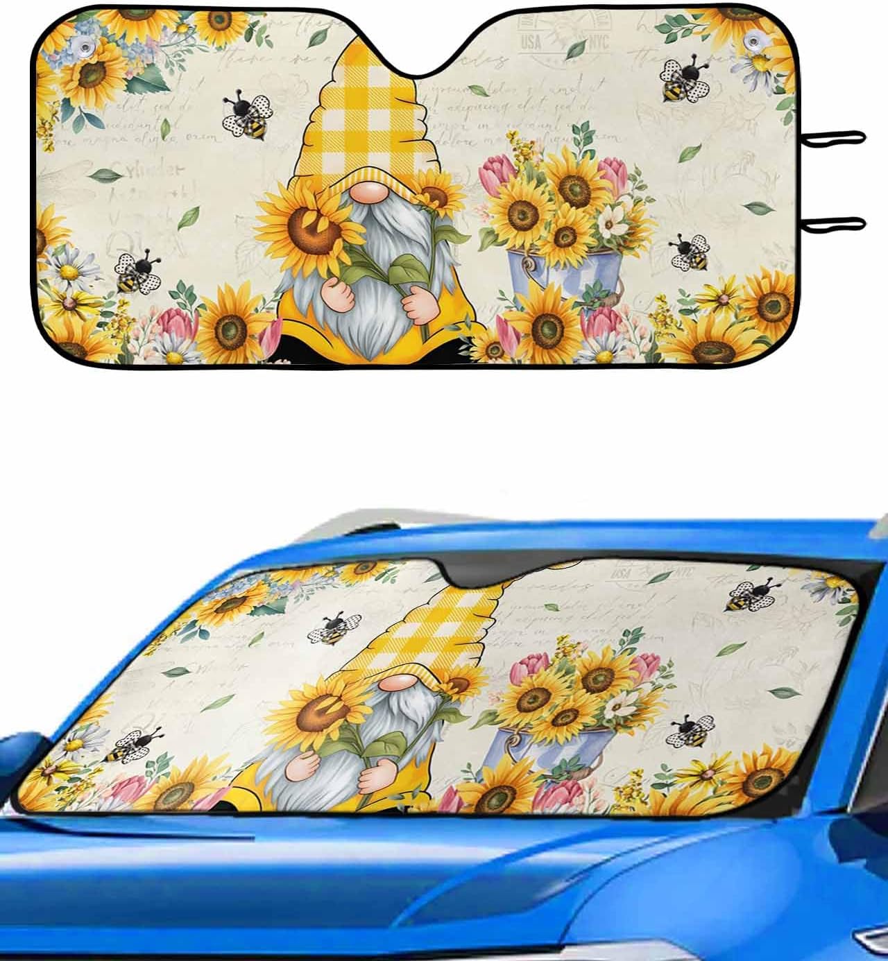 Spring Summer Bee Gnomes Windshield Sun Shade for Car Truck & SUV,Outdoor Funny Truck Front Window Sunshade Auto Sun Visor Heat Sunscreen Blocks UV Rays,Sunflower Bumble Bee Yellow Plaid Large