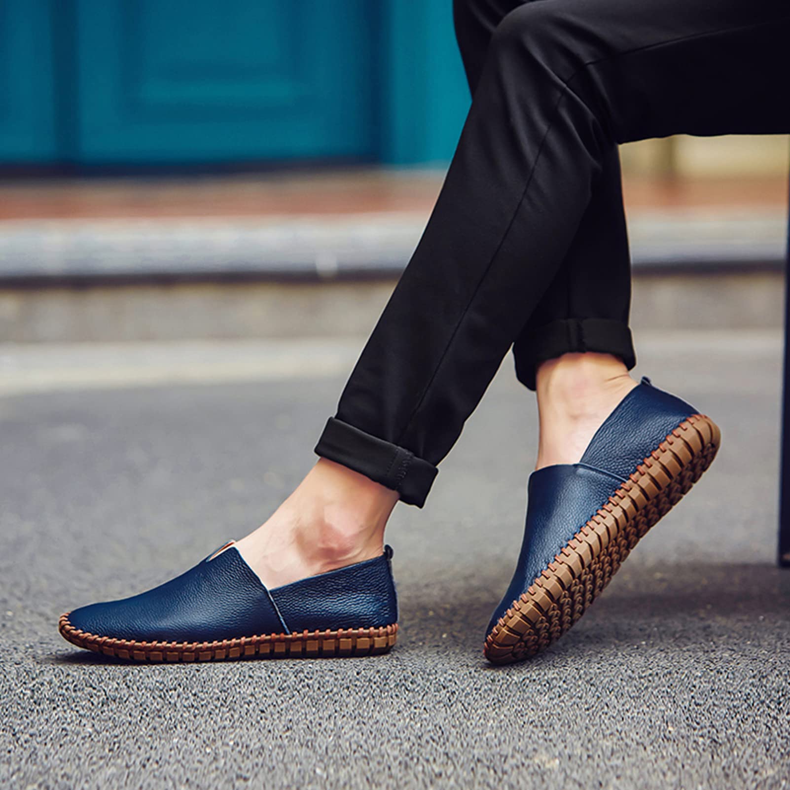 ANUFER Hommes Cuir Véritable Mocassins Plats Glisser sur Mou, Tendre Semelle Faite à la Main Été évidé Chaussures de Conduite Décontractées