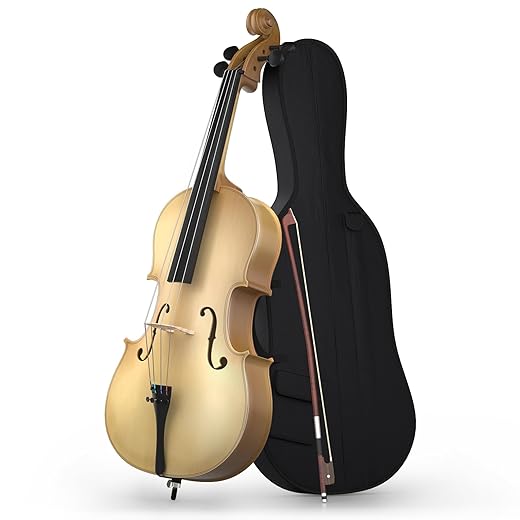 Full Size Cello Kit, Acoustic Cello Instrument for Adults,Students,Beginners,Complete Cello 4/4 Set with Portable Bag, Bow, Rosin, Matte Golden