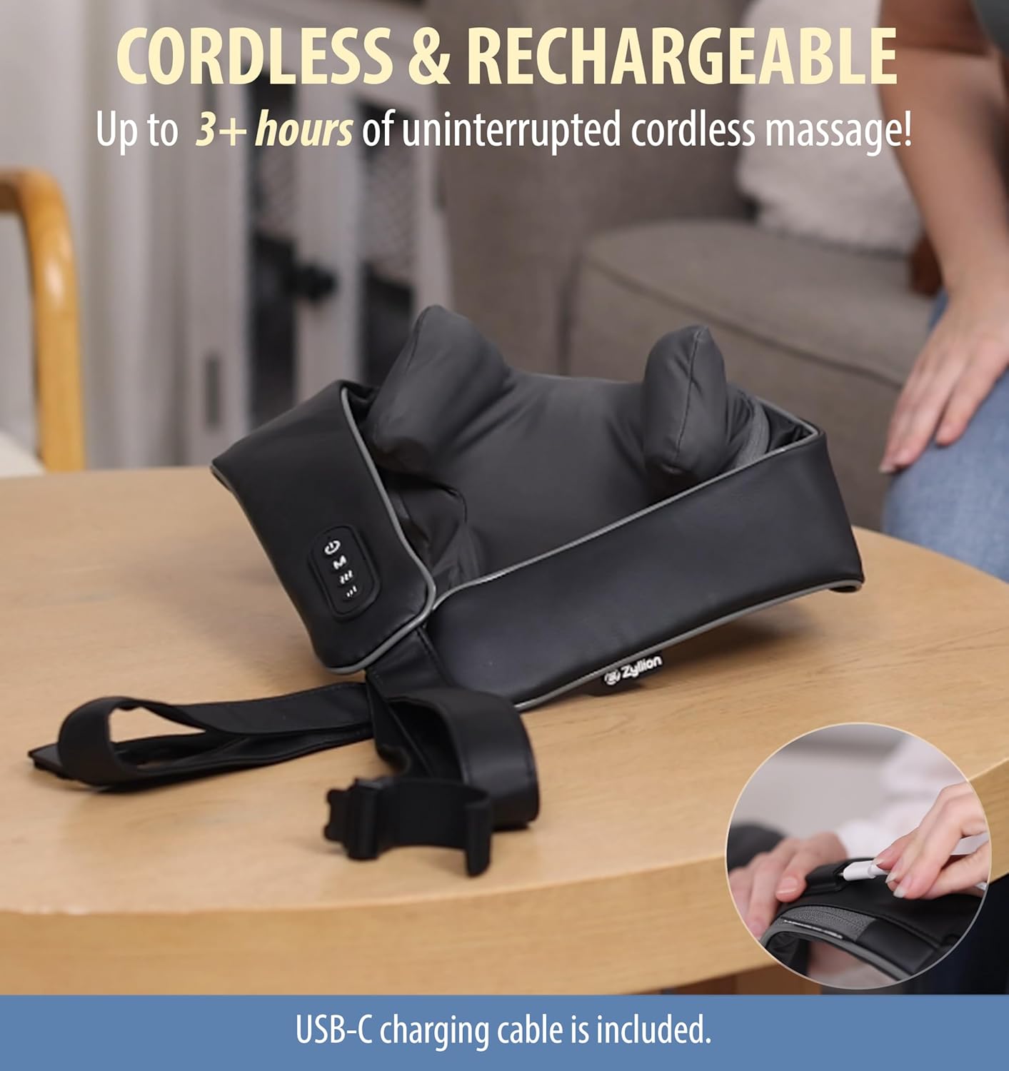 Zyllion Cordless Neck and Shoulder Massager with Heat - 4D Rechargeable Electric Shiatsu Kneading Deep Tissue Massage for Back and Muscle Pain Relief, Black, ZMA-36