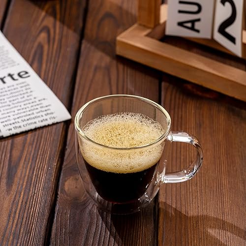 Miniatura 2 de Tazas de café de vidrio de doble pared de 5 oz / 5.1 fl oz, juego de 2 tazas aisladas con asas, elegantes tazas de café con estilo