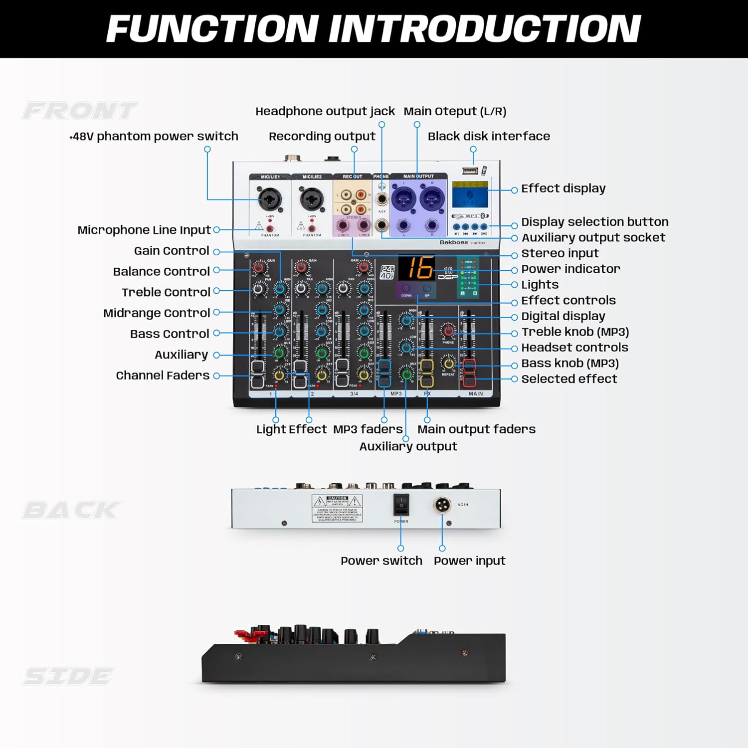 Professional Audio Mixer, 4 Channel, Input 48V Phantom Power Stereo Digital USB Bluetooth MP3 Computer Input, Build-in 16 Effect DSP, for Recording, Live Streaming, Podcasting