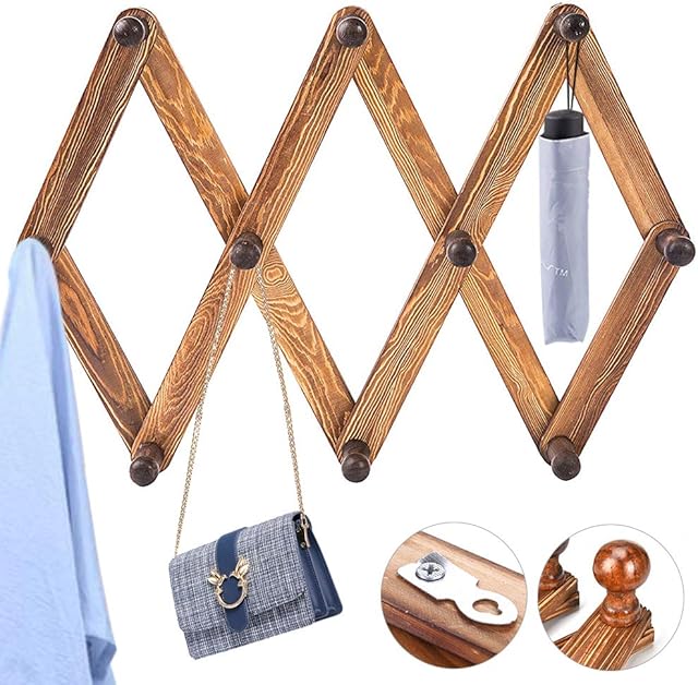 BUZIFU Wooden Hanger Expandable Wood Wall Mounted Accordion Peg Coat Rack 10 Pegs Wooden Hook Wooden Coat Rack Hat Closet Hook for Hallway Bathroom Living Room Kitchen, Rustic Walnut Color