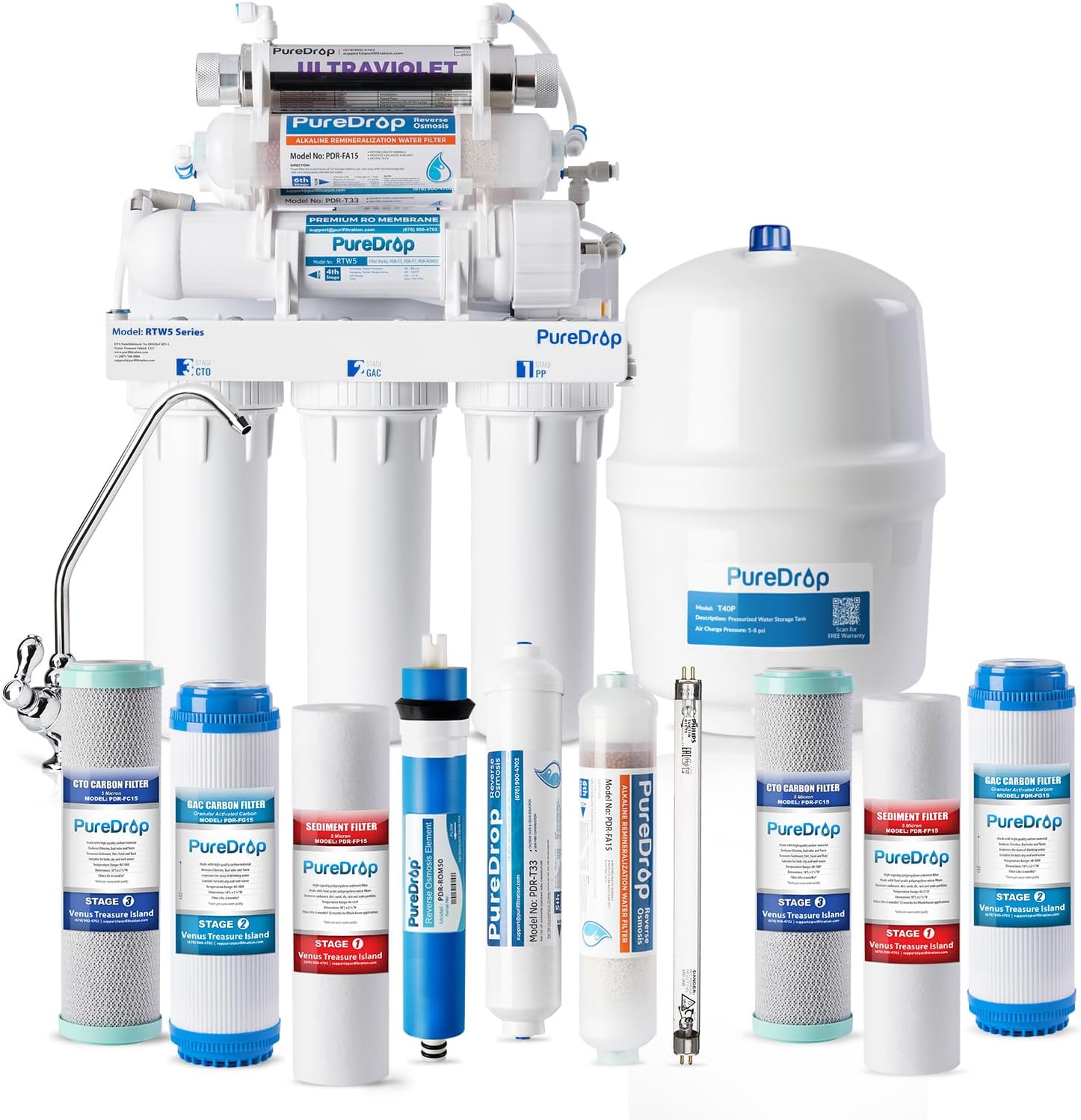 PureDrop RTW5AK-UV SGS-Tested Reverse Osmosis Water Filter System with Alkaline Remineralization & UV Filter, 7-Stage Under Sink RO Water Filtration System Plus Extra 3 Filters, 50 GPD