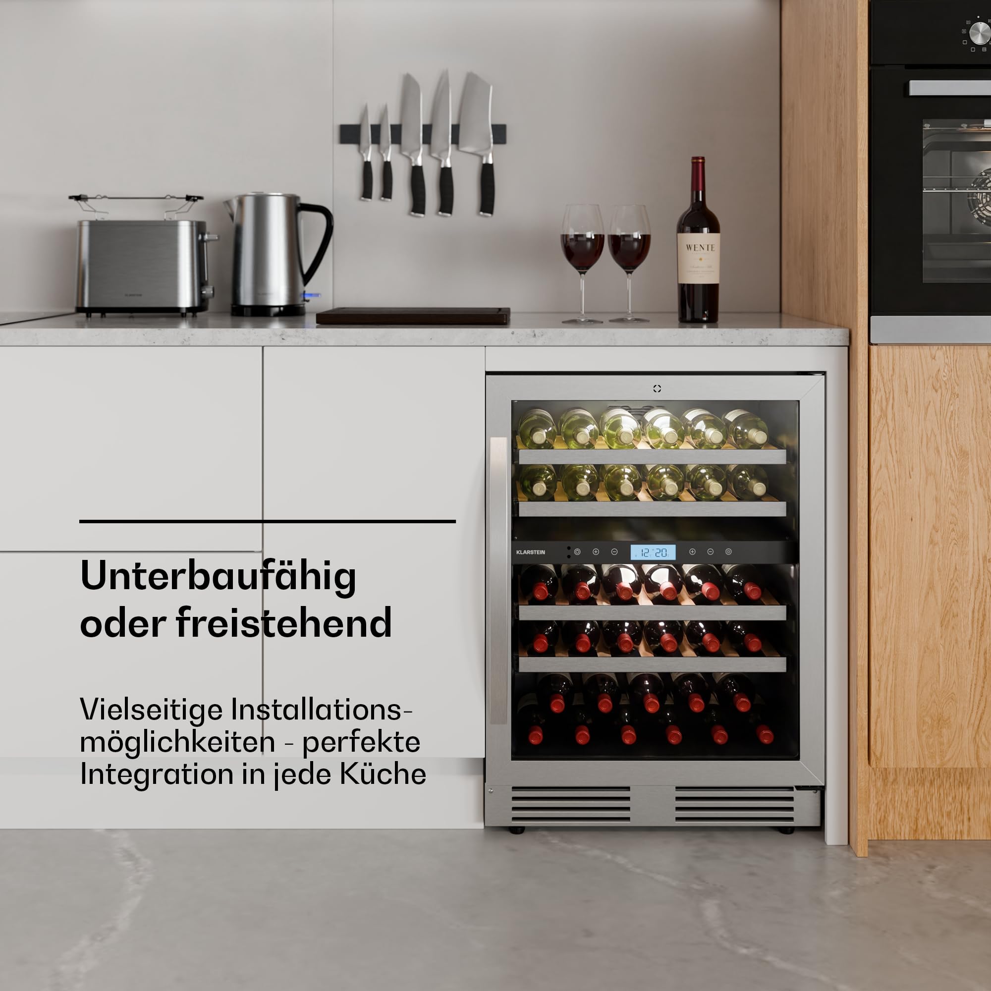 Klarstein VeroSteel Unterbau-Weinkühlschrank – Zweizonen-Weinkühlschrank für 43 Flaschen, UV-Glastür, Touch-Bedienfeld, ausziehbare, leicht zugängliche Holzregale
