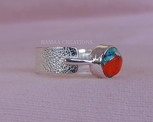 Miniatura 4 de Spiny Oyster Copper Turquoise Ring | Handmade Round Turquoise Silver Ring | Statement Handmade Jewelry | Sterling Silver 925