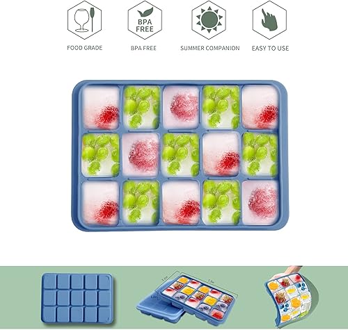 Vista 3 de Juego de 2 bandejas para cubitos de hielo, fácil liberación, 15 moldes flexibles de silicona para cubitos de hielo con tapa extraíble, bandejas