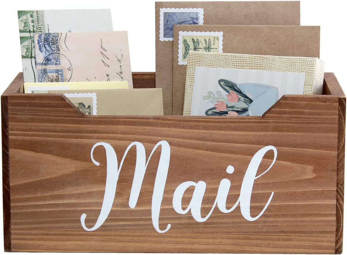 Elegant Designs HG2010-NMW Rustic Farmhouse Wooden Tabletop Decorative Script Word Mail Organizer Box, Letter Holder Office-Accessories-and-décor, Natural Wood/White