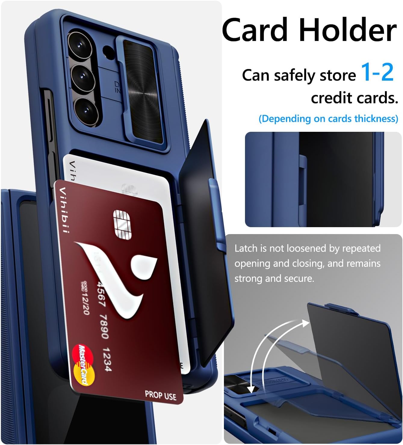 Vihibii for Samsung Galaxy Z Fold 5 Case with Card Holder & Privacy Screen Protector & Slide Camera Lens Cover & Rugged Hinge Protection, Heavy Duty Durable Wallet Phone Case for Galaxy Z Fold 5, Blue