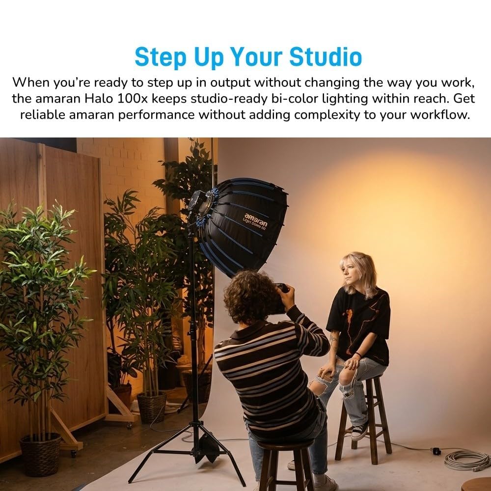 amaran Halo 100x Projecteur LED Vidéo COB Bicolore Compact 100W | 2700K-6500K, Monture Bowens, USB-C PD, Appli Amaran, NFC, IRC 96+, Photo, Stream